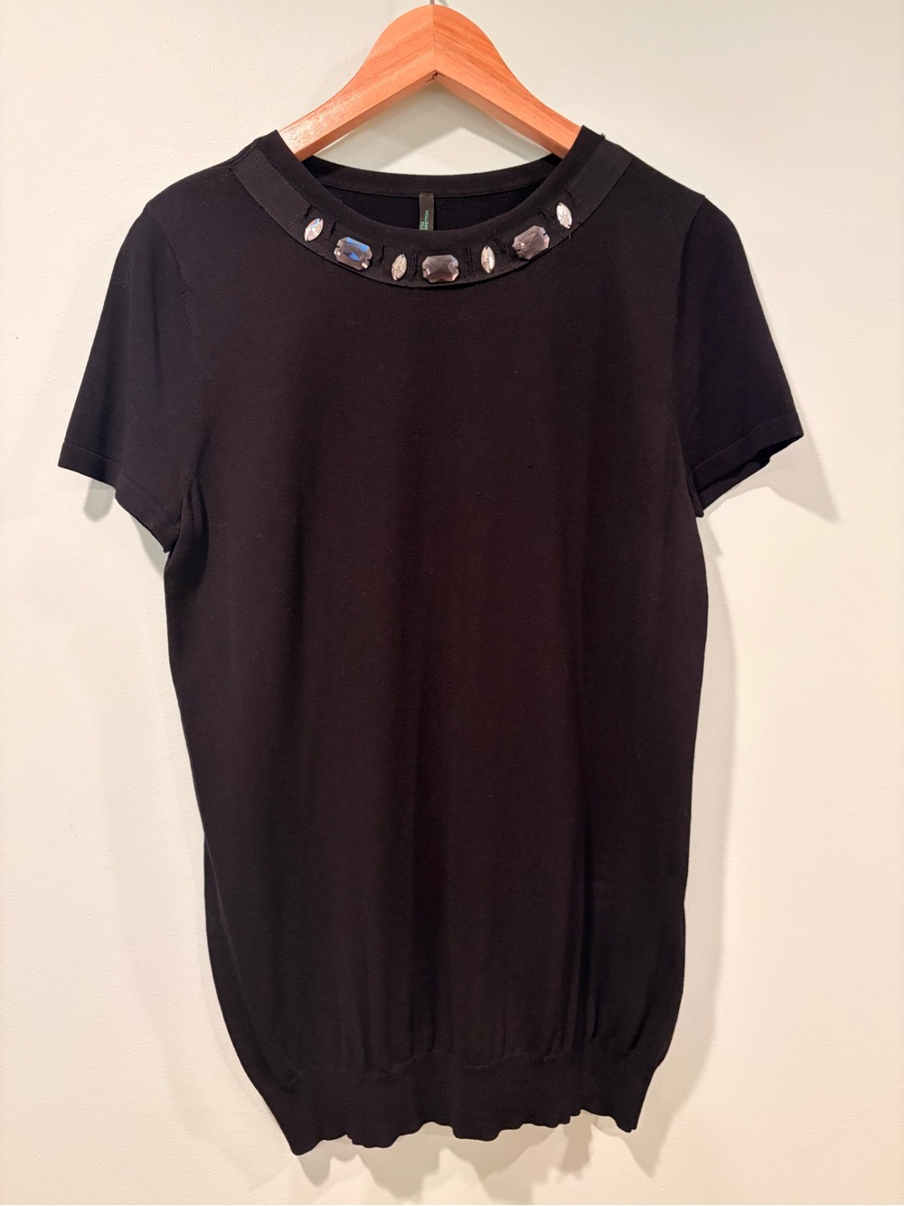 United Colors Of Benetton Black Short Sleeve Top with Jeweled Neckline